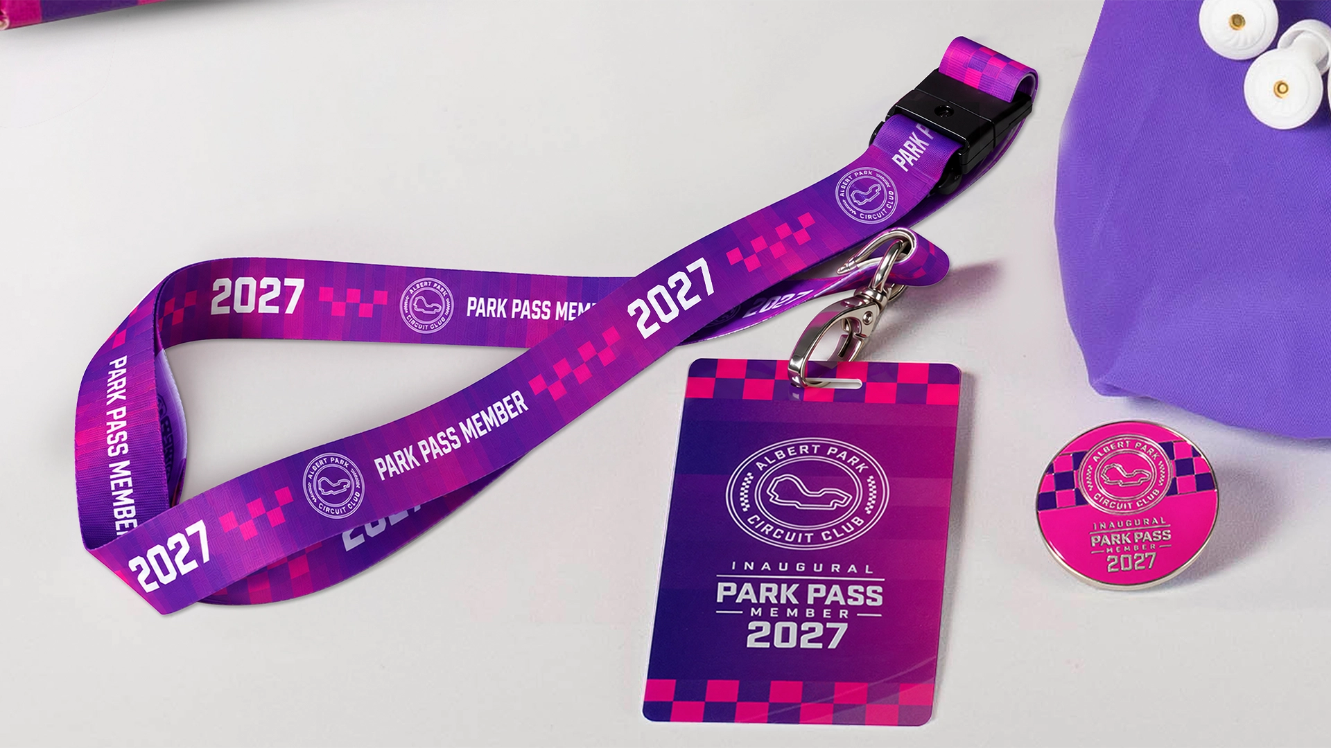 Inaugural Park Pass Member 2027 lanyard, member pass and commemorative pin