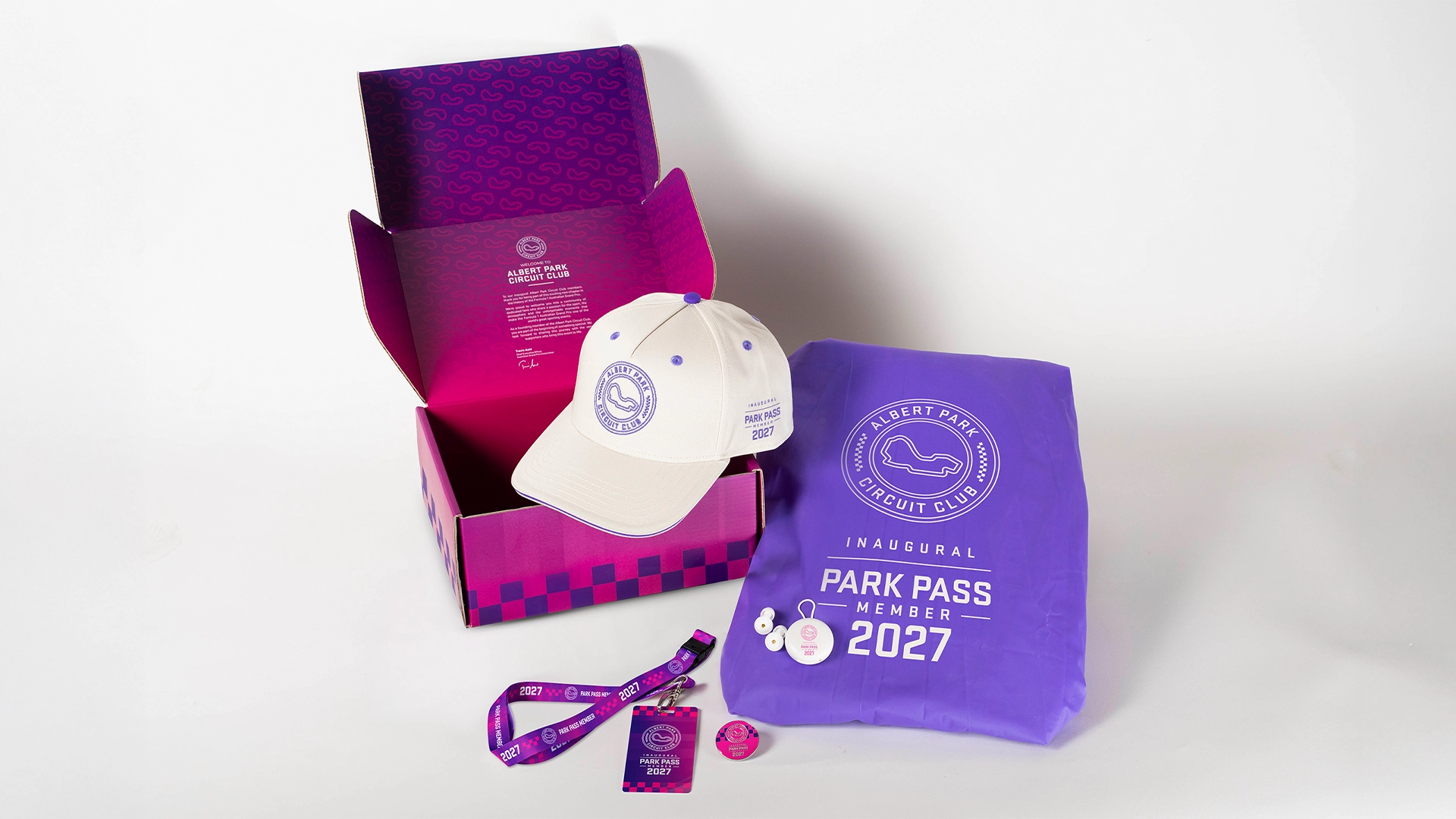 Inaugural Park Pass Member 2027 complete merchandise pack with cap, apparel, lanyard and accessories