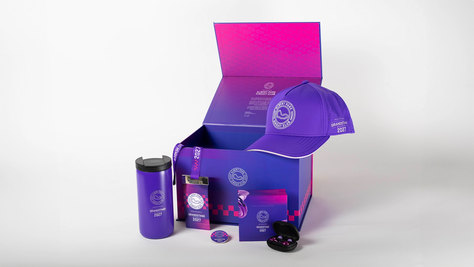 Inaugural Grandstand Member 2027 complete merchandise pack with cap, tumbler, lanyard and accessories